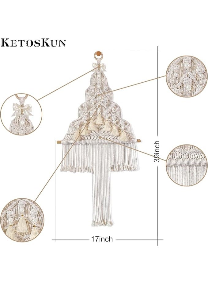 انتيكيانو بساط مكرمية منسوج للتعليق على الحائط بتصميم بوهو لديكور المنزل هدية جميلة مع شراشيب اللؤلؤ لغرفة النوم والحضانة والشقة والسكن الجامعي أبيض كريمي - Image 3