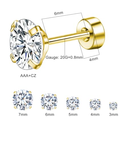 KWUNCCI Titanium Earrings for Sensitive Ears, Flat Back Stud Earrings for Women Men, CZ Silver Gold Black Screw Back Stud Earrings, Hypoallergenic Surgical Steel Cartilage Earrings Set (Z-Gold(3/4/5/6/7mm)) - Image 3