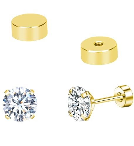 KWUNCCI Titanium Earrings for Sensitive Ears, Flat Back Stud Earrings for Women Men, CZ Silver Gold Black Screw Back Stud Earrings, Hypoallergenic Surgical Steel Cartilage Earrings Set (Z-Gold(3/4/5/6/7mm)) - Image 5
