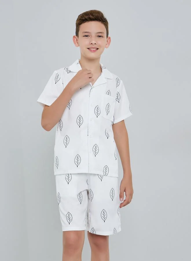 Styli Boys White Leaf Print Shirt and Shorts Set