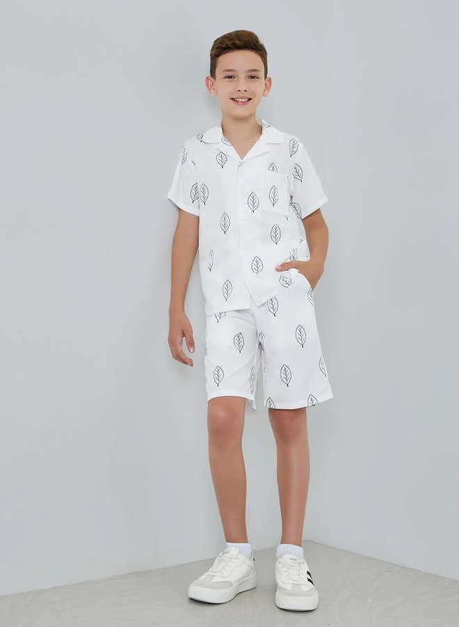 Styli Boys White Leaf Print Shirt and Shorts Set