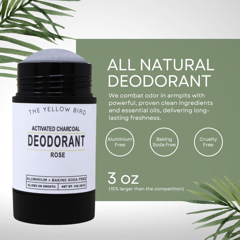 The Yellow Bird All Natural Rose Deodorant - Baking Soda & Aluminum Free. Includes Essential Oils, Magnesium, Charcoal for Adults, Kids, Sensitive Skin. Vegan | 3oz | Made in USA - Image 2