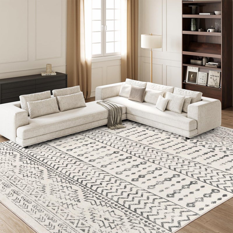 Art&Tuft 8x10 Area Rug, Super Soft Ultra-Thin Moroccan Washable Rugs 8x10, Anti-Slip Backing Rugs for Living Room, Foldable Geometric Machine Washable Area Rug(8'x10', Ivory) - Image 1