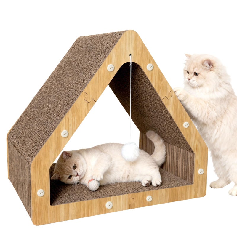 JUNGLE WELL Cat Scratcher House with Hanging Ball - Cozy Corrugated Cardboard Cat Scratching Pad for Indoor Cats/Kittens, Stable Structure & Eco-Friendly - Image 1