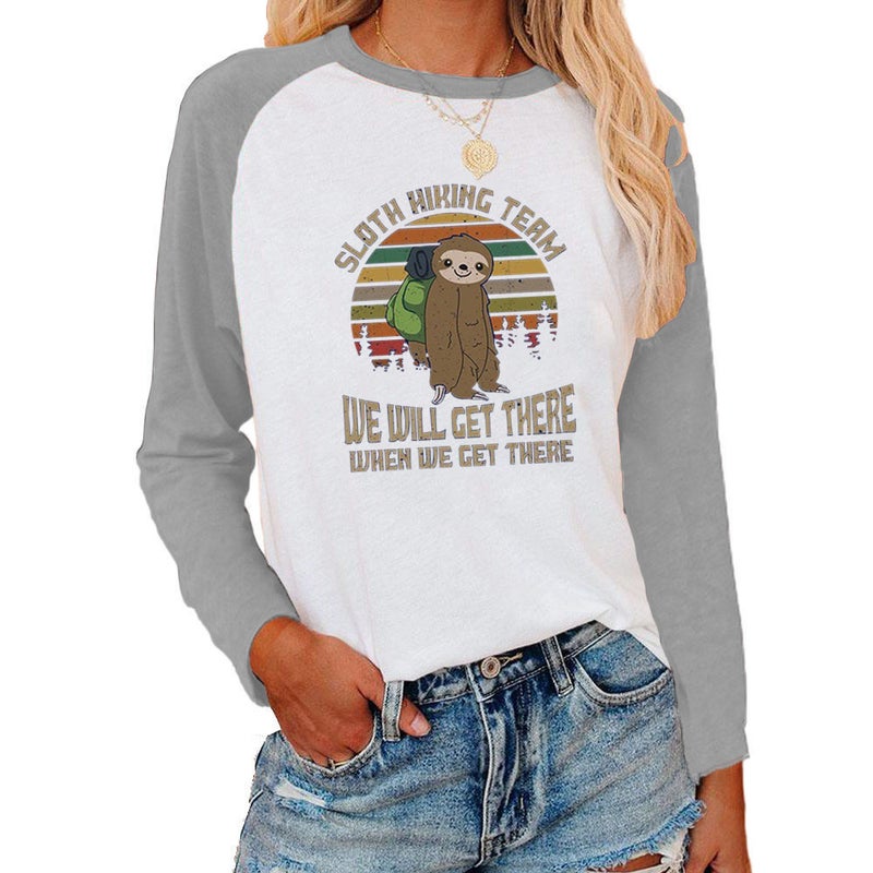 wish independent station sloth pattern printed shoulder-length contrast long sleeve T-shirt for women - Image 4