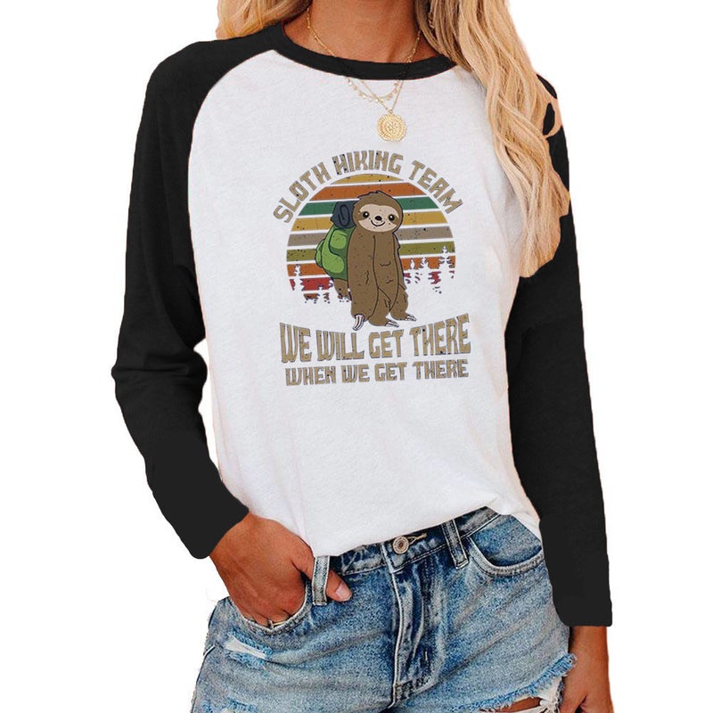 wish independent station sloth pattern printed shoulder-length contrast long sleeve T-shirt for women - Image 1