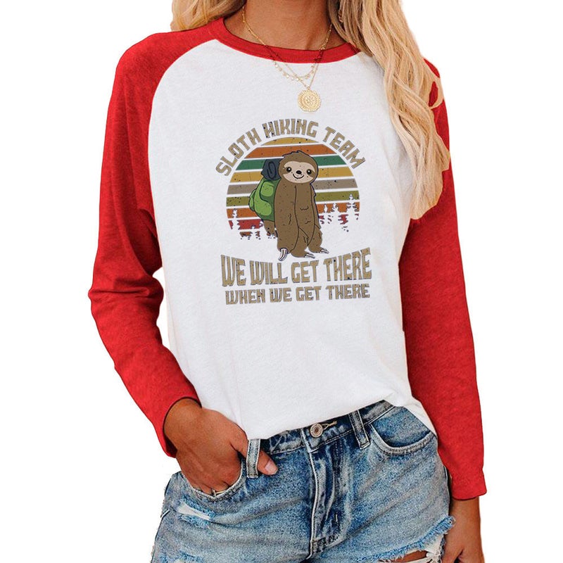 wish independent station sloth pattern printed shoulder-length contrast long sleeve T-shirt for women - Image 3