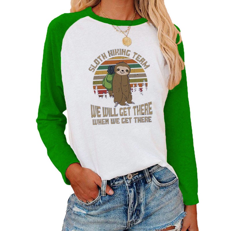 wish independent station sloth pattern printed shoulder-length contrast long sleeve T-shirt for women - Image 5