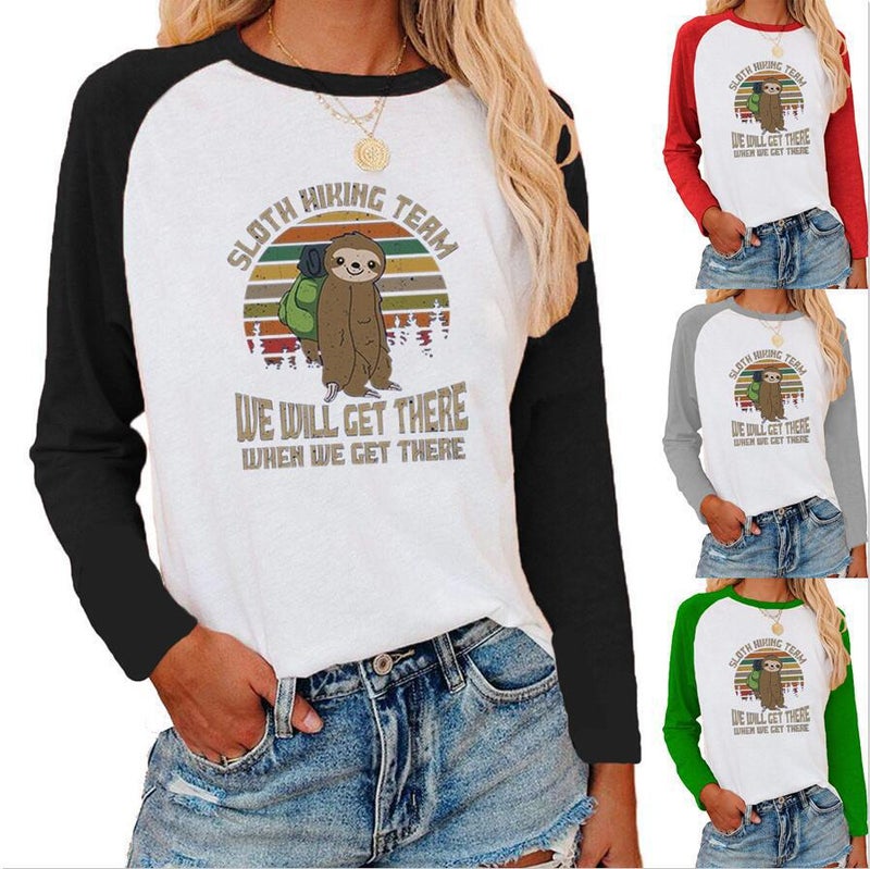 wish independent station sloth pattern printed shoulder-length contrast long sleeve T-shirt for women - Image 2