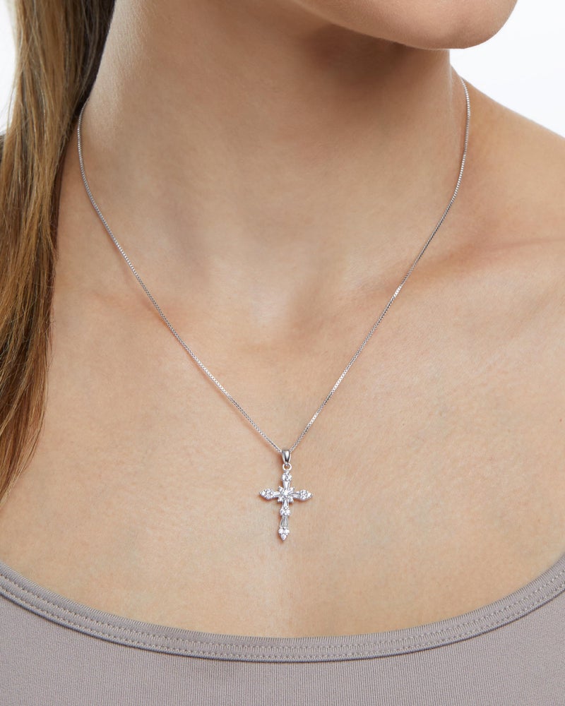 Milla 14K Gold Plated Cross Necklace for Women, Silver Cross Necklaces for Women, 18 inches Chain with Cross Pendant (Silver Baguette Cross) - Image 5