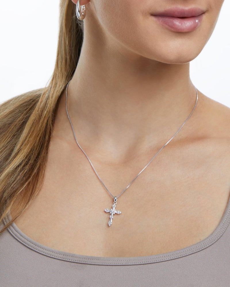Milla 14K Gold Plated Cross Necklace for Women, Silver Cross Necklaces for Women, 18 inches Chain with Cross Pendant (Silver Baguette Cross) - Image 2