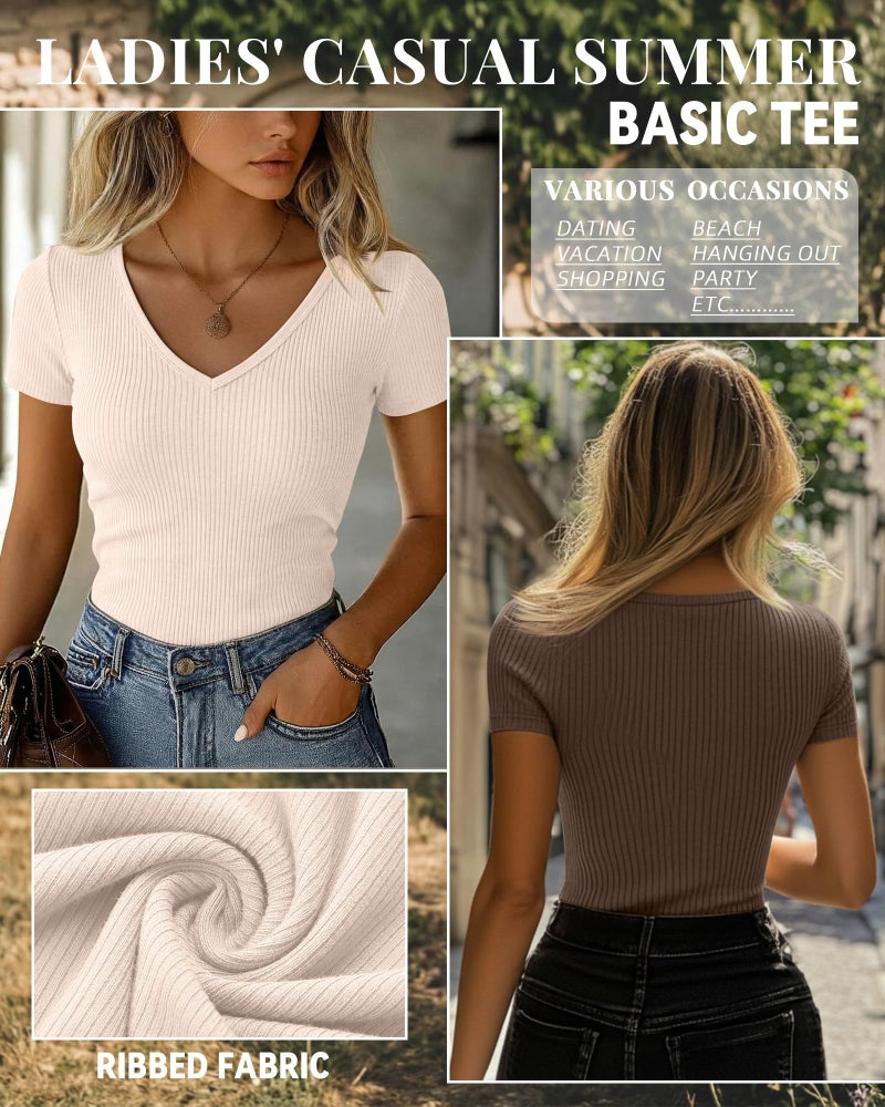 Ficerd 3 Pack Women's Short Sleeve Cotton T-Shirts V Neck Ribbed Slim Fit Tops Ladies' Casual Summer Basic Tee(Cream, Khaki, Mocha Brown,Large) - Image 4
