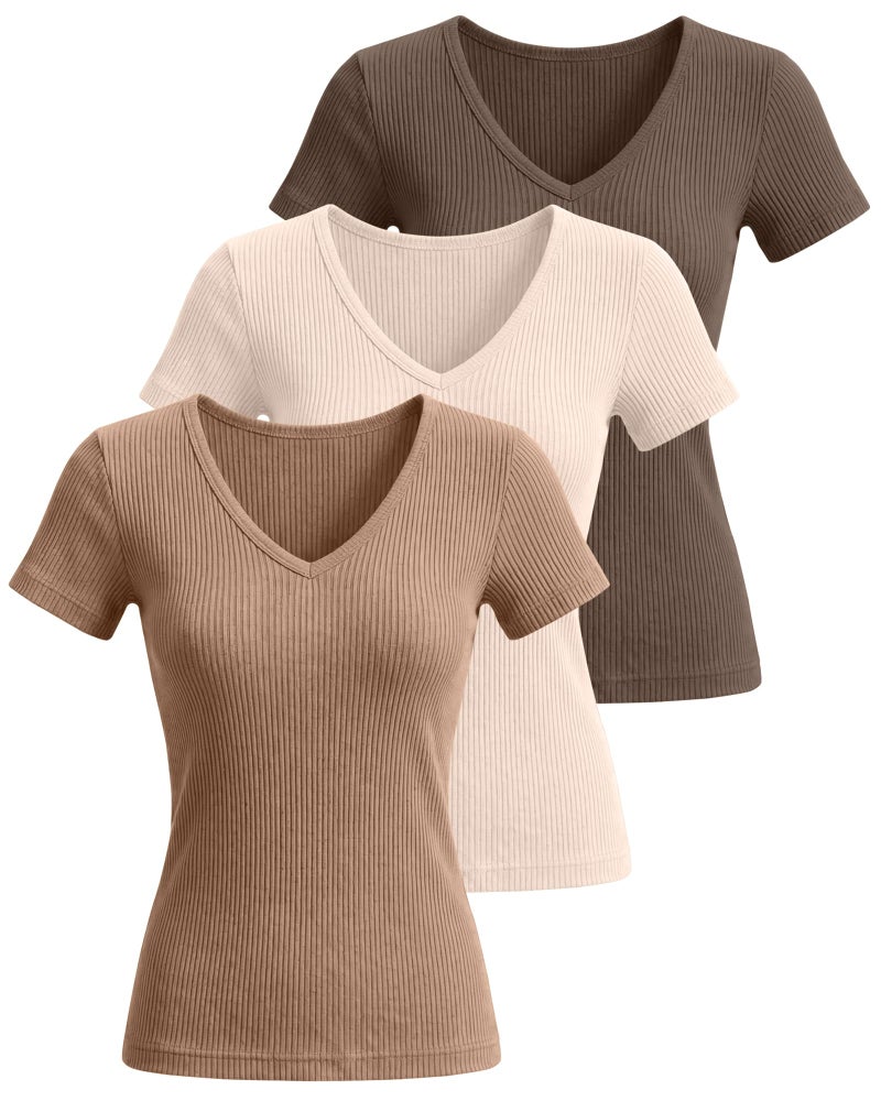 Ficerd 3 Pack Women's Short Sleeve Cotton T-Shirts V Neck Ribbed Slim Fit Tops Ladies' Casual Summer Basic Tee(Cream, Khaki, Mocha Brown,Large) - Image 3