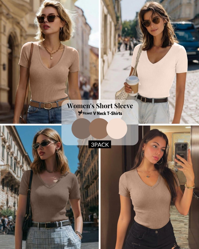 Ficerd 3 Pack Women's Short Sleeve Cotton T-Shirts V Neck Ribbed Slim Fit Tops Ladies' Casual Summer Basic Tee(Cream, Khaki, Mocha Brown,Large) - Image 2