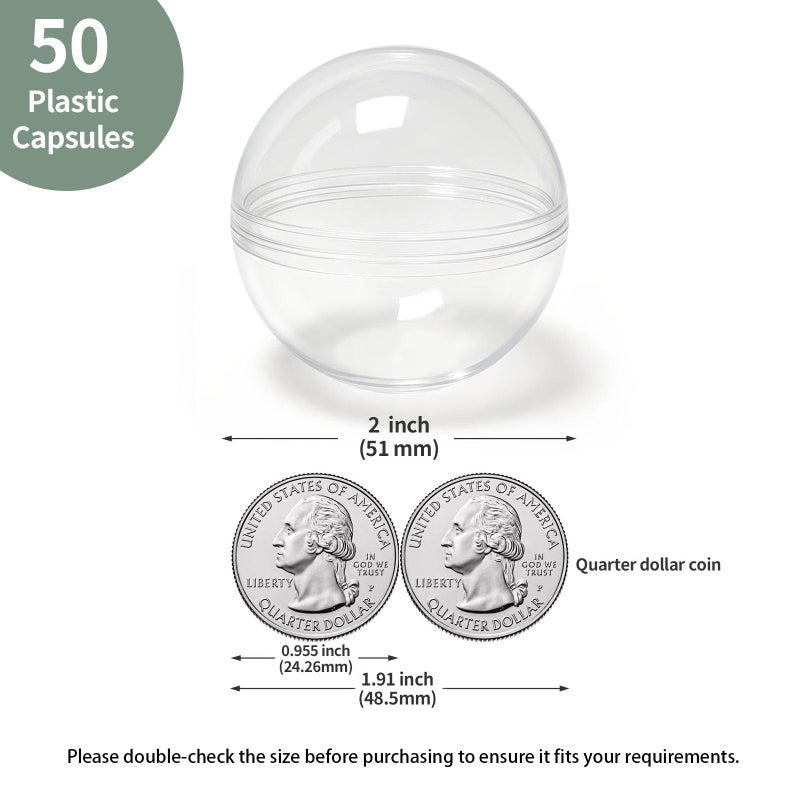 Zilphoba 50Pcs 2 Inch Vending Machine Capsules Gumball Machine Capsules Clear Plastic Ball Container Gachapon Capsule Fillable Balls for Prizes, Easter, Party Favors - Image 2