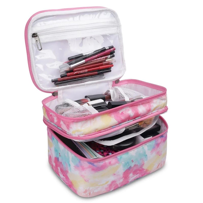 KUKLAR Nylon Waterproof Extra Large Makeup Kit Organizer Pouch, Makeup Bag, Portable Travel Cosmetic Storage Bag, Cosmetic and Jewellery Organizer Box (Pink) - Image 2