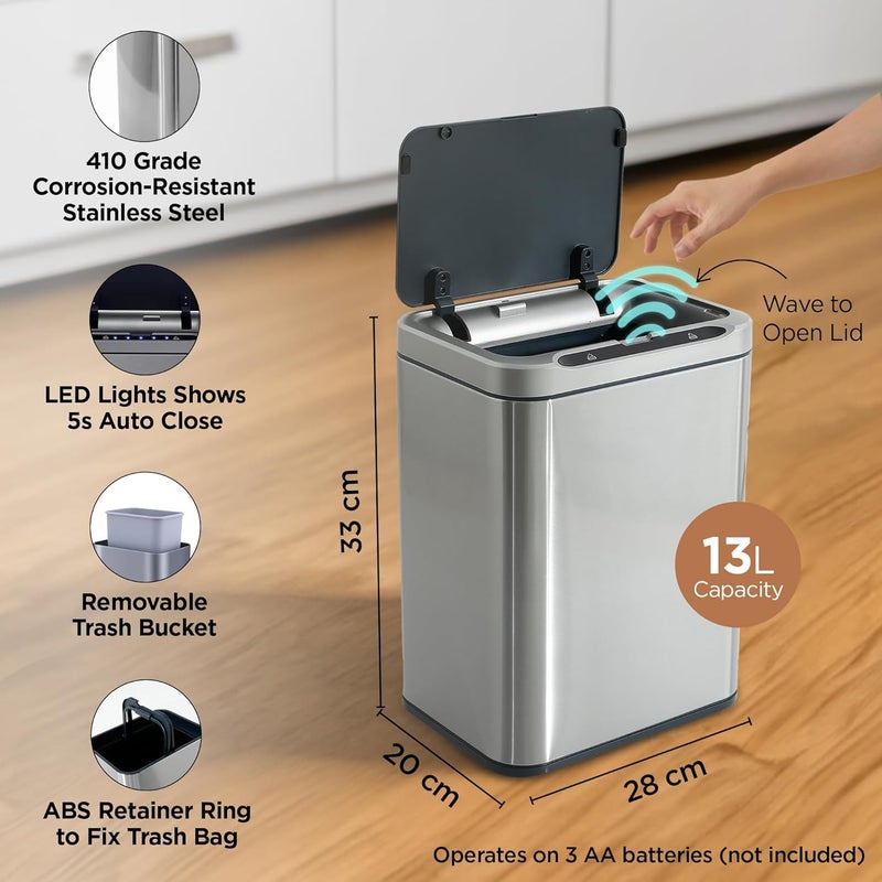 Homestic 13L Stainless Steel Automatic Touchless Motion Sensor Dustbin Quick Open Soft Close Lid Garbage Bin for Kitchen Bathroom Indoor Outdoor Trash Cana101 - Image 3