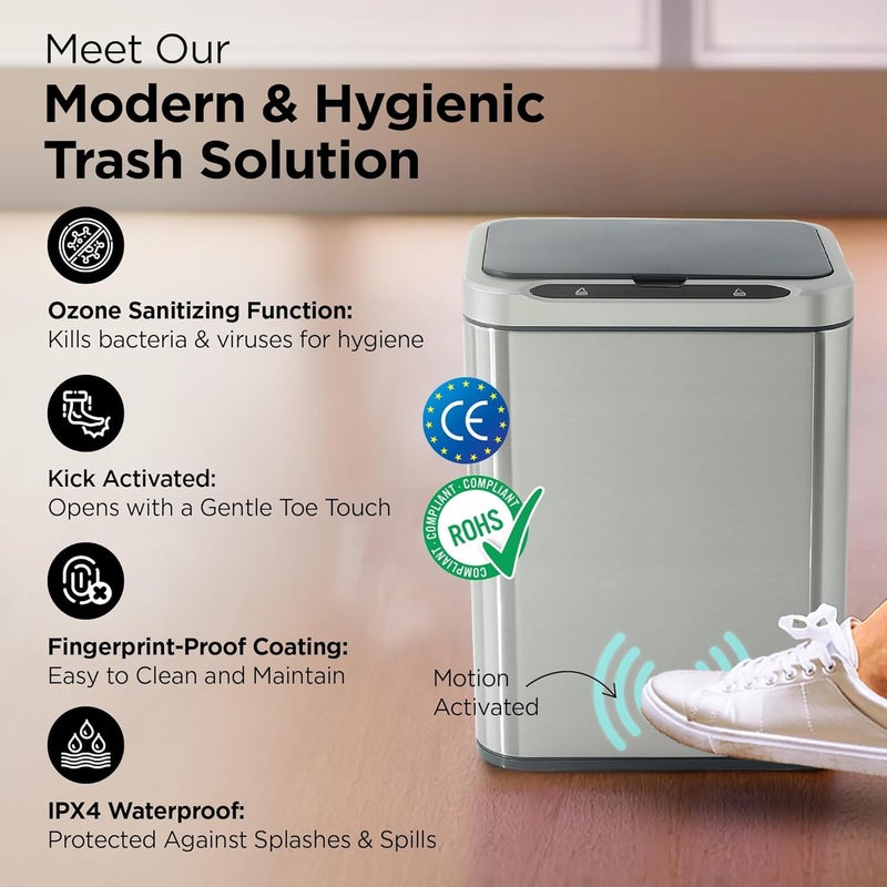 Homestic 13L Stainless Steel Automatic Touchless Motion Sensor Dustbin Quick Open Soft Close Lid Garbage Bin for Kitchen Bathroom Indoor Outdoor Trash Cana101 - Image 2