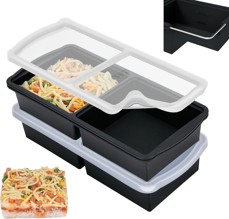 ZIP STANDING Silicone Freezer Trays with Lid,2-cup Soup Freezer Container large Ice Cube Molds with Reinforced Steel Ring Top for freezing Soup Sauce Broth Leftovers oven Dishwasher -Safe (black) - Image 1