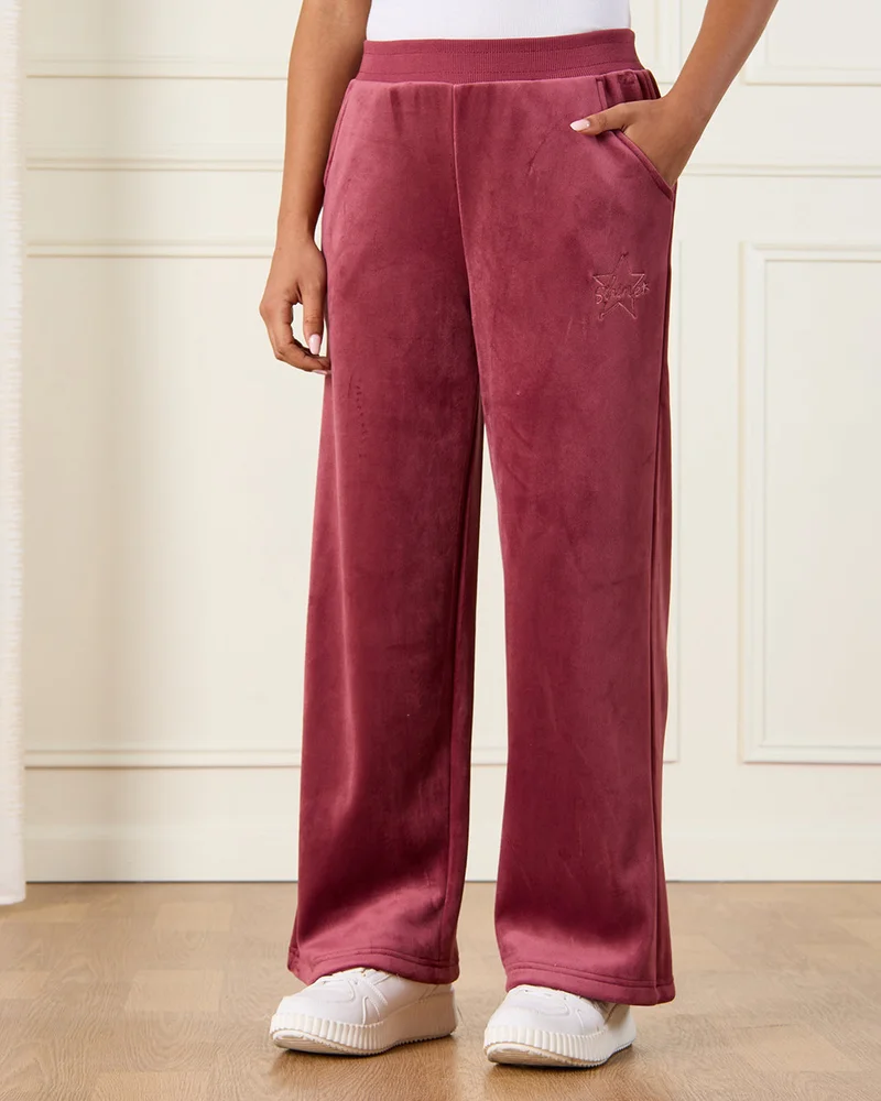 REDTAG Senior Girls Burgundy Wideleg Velour Pants