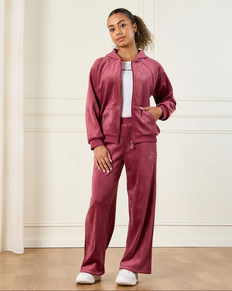 REDTAG Senior Girls Burgundy Wideleg Velour Pants
