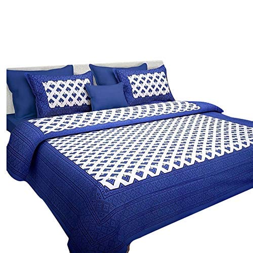 ART WORLD Queen Size Double Bed Sheet with Pillow Covers Pure Cotton Jaipuri Traditional Printed Bedcover (Blue) - Image 4