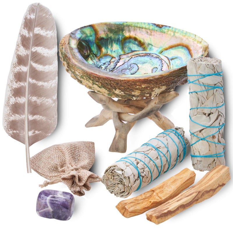 Blue River Sage Smudging & Energy Cleansing Kit with Amethyst, White Sage, Palo Santo, Abalone Shell, Stand & Guide (Regular) - Image 1
