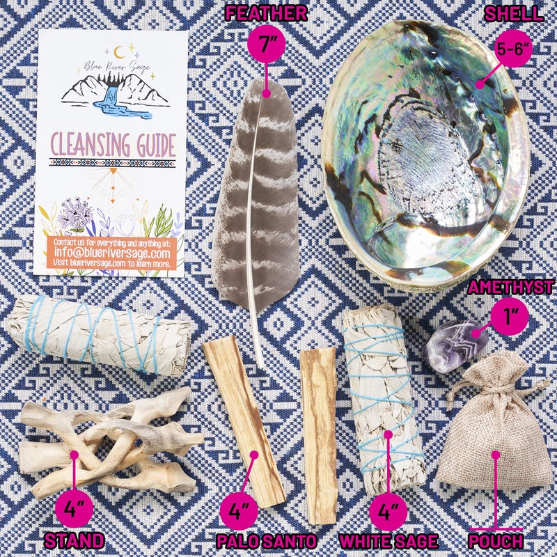 Blue River Sage Smudging & Energy Cleansing Kit with Amethyst, White Sage, Palo Santo, Abalone Shell, Stand & Guide (Regular) - Image 2