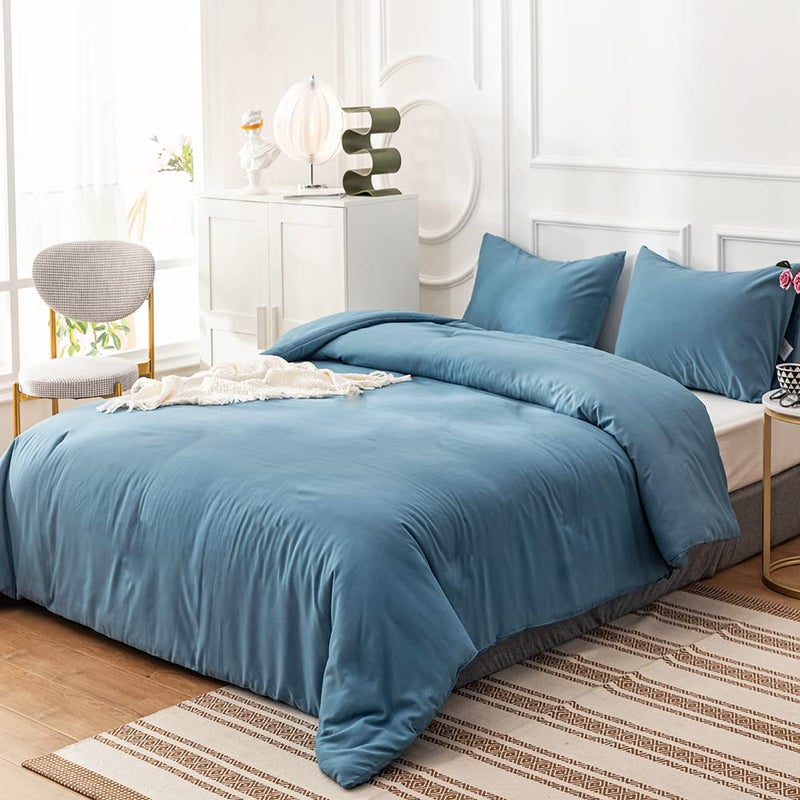 Cottonight Blue Comforter Sets Full Lake Blue Bedding Comforter Set Haze Blue Blanket Quilt Solid Color Modern Breathable Soft Mist Blue King Bedding Comforter Sets for Women Men Full Bed - Image 4