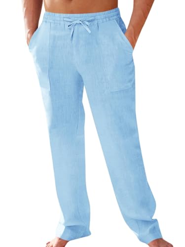 PASLTER Men's Cotton Linen Pants Elastic Waist Drawstring Casual Pants Lightweight Straight-Legs Loose Beach Yoga Pants - Image 1