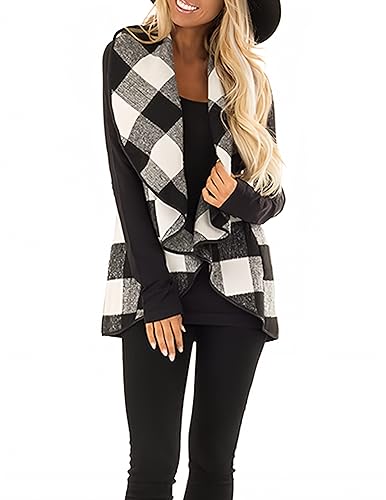 Unidear Womens Lapel Open Front Sleeveless Plaid Vest Keep Warm Cardigan Outwear with Pockets #2Grey M - Image 1