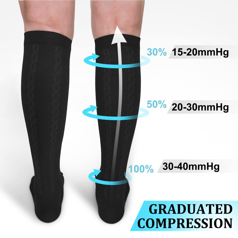 Hi Clasmix 30-40mmHg Medical Graduated Compression Socks for Women&Men Circulation-Compression Stockings-Knee High Socks for Support,Hiking,Running(2 Pack Black,L-XL) - Image 2