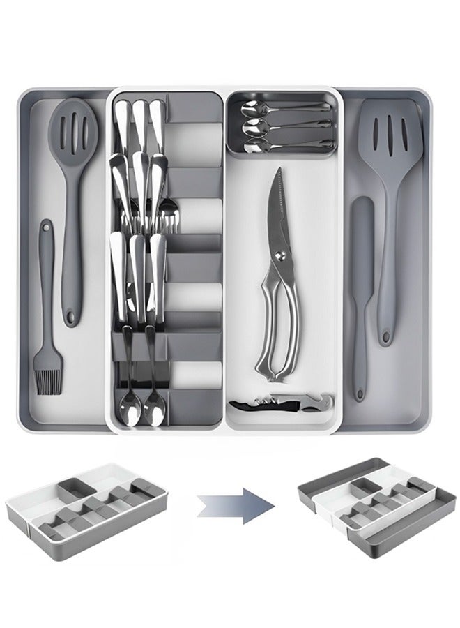 بيوينتي منظم درج المطبخ، منظم أدوات المائدة، حامل أدوات المائدة، درج أدوات المائدة قابل للتوسيع، منظم درج قابل للتعديل شوكة ملعقة سكين تنظيم، للم utenسيليايات المطبخية والشباك المسطحة. - Image 1