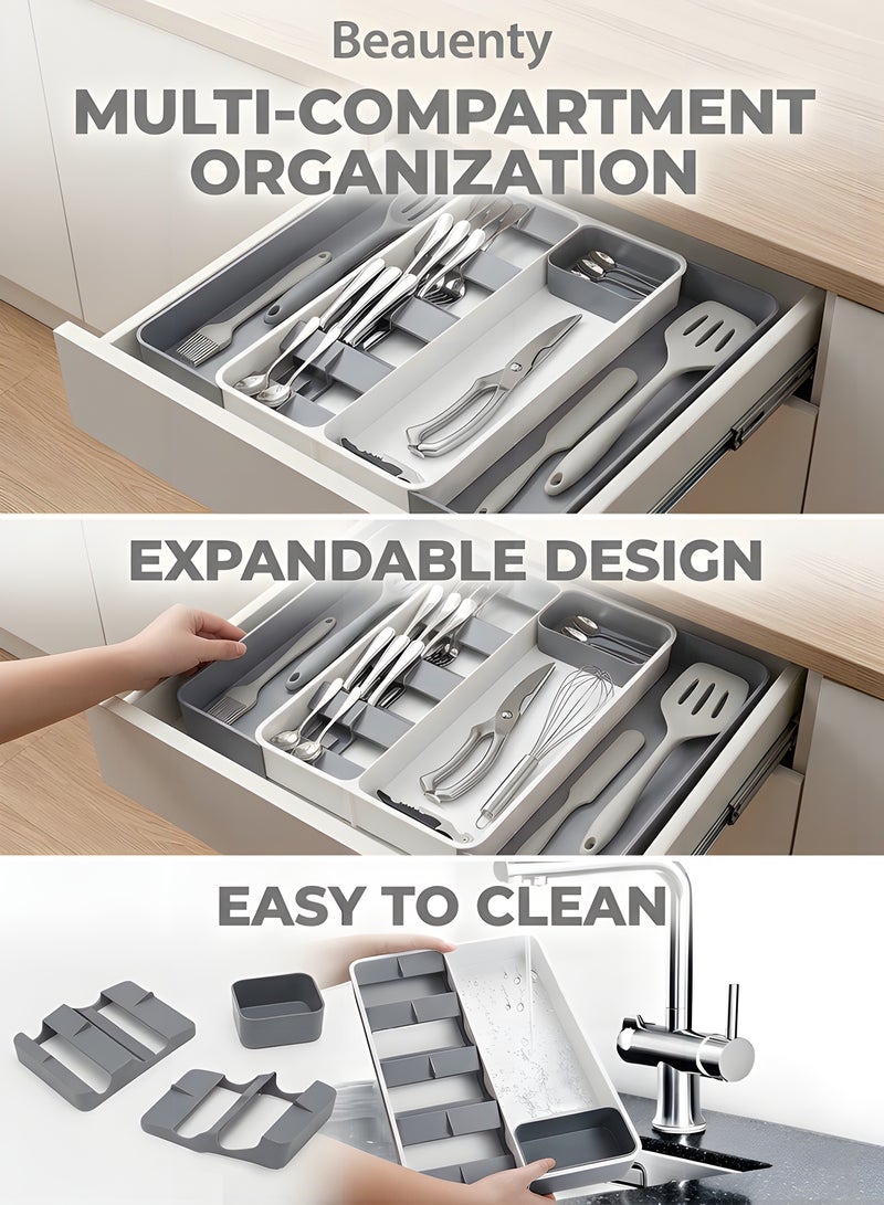 بيوينتي منظم درج المطبخ، منظم أدوات المائدة، حامل أدوات المائدة، درج أدوات المائدة قابل للتوسيع، منظم درج قابل للتعديل شوكة ملعقة سكين تنظيم، للم utenسيليايات المطبخية والشباك المسطحة. - Image 2