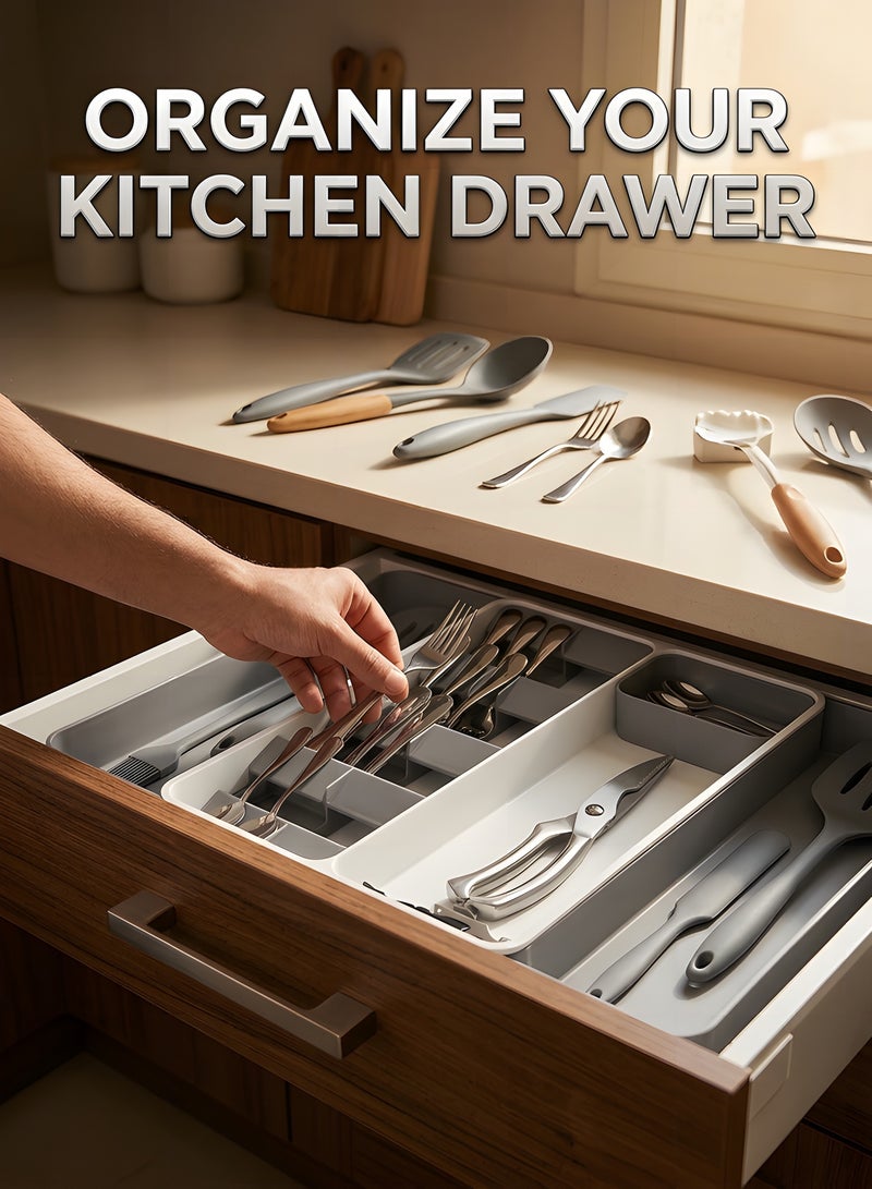 بيوينتي منظم درج المطبخ، منظم أدوات المائدة، حامل أدوات المائدة، درج أدوات المائدة قابل للتوسيع، منظم درج قابل للتعديل شوكة ملعقة سكين تنظيم، للم utenسيليايات المطبخية والشباك المسطحة. - Image 3