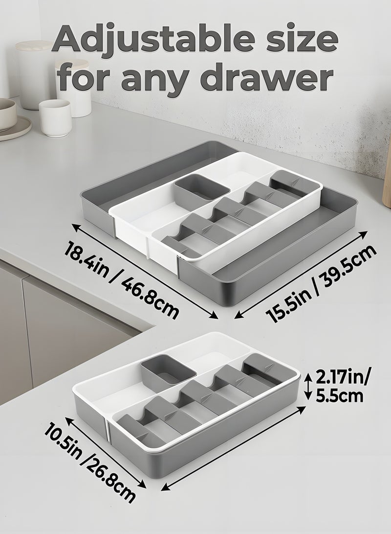 بيوينتي منظم درج المطبخ، منظم أدوات المائدة، حامل أدوات المائدة، درج أدوات المائدة قابل للتوسيع، منظم درج قابل للتعديل شوكة ملعقة سكين تنظيم، للم utenسيليايات المطبخية والشباك المسطحة. - Image 4