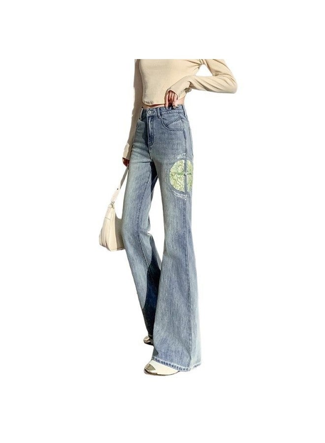 هابي سراويل الجينز النسائية باللون الأزرق الفاتح ذات القصّة الواسعة من الأسفل - جديدة للصيف - عالية الخصر - مخصّصة - طراز وطني - مطرزة - مستقيمة - طويلة - Image 5