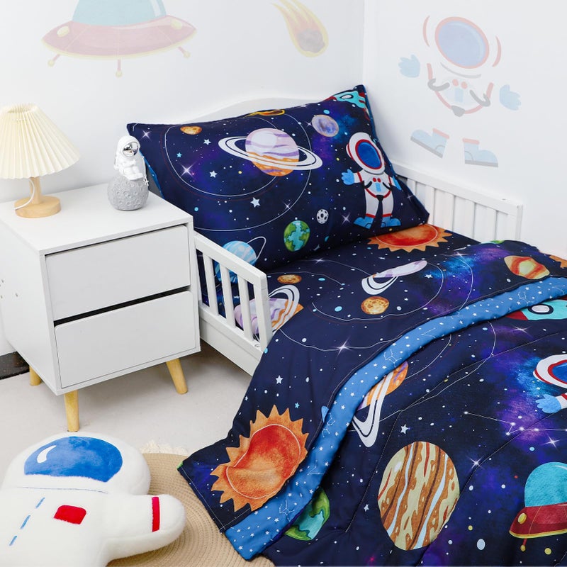 SWESEN Toddler Bedding Set for Boys, Blue Space Toddler Boy Bedding Set, Soft & Lightweight 4 Piece Toddler Comforter Sets Include Comforter, Flat Sheet, Fitted Sheet, Pillowcase - Image 2