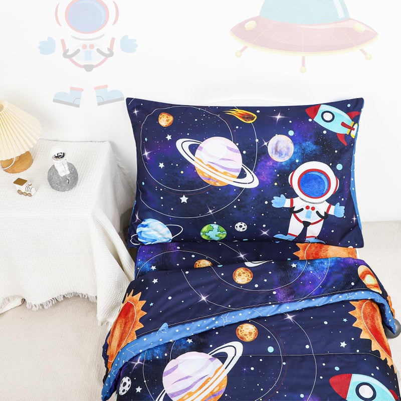 SWESEN Toddler Bedding Set for Boys, Blue Space Toddler Boy Bedding Set, Soft & Lightweight 4 Piece Toddler Comforter Sets Include Comforter, Flat Sheet, Fitted Sheet, Pillowcase - Image 5