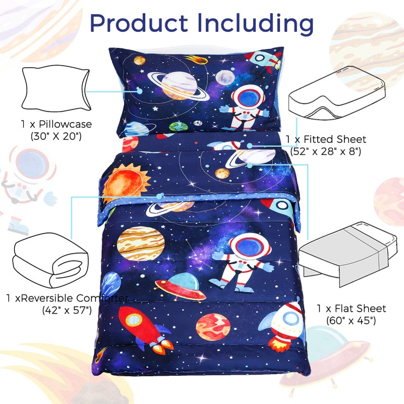 SWESEN Toddler Bedding Set for Boys, Blue Space Toddler Boy Bedding Set, Soft & Lightweight 4 Piece Toddler Comforter Sets Include Comforter, Flat Sheet, Fitted Sheet, Pillowcase - Image 3