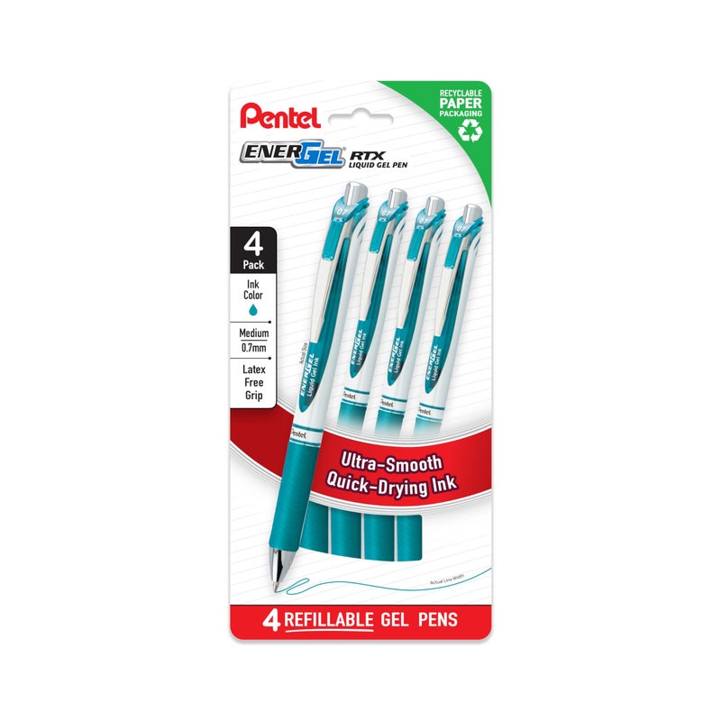 Pentel EnerGel RTX Liquid Gel Pens, Medium (0.7mm), Turquoise, 4-pk (BL77PF4S3) - Image 1