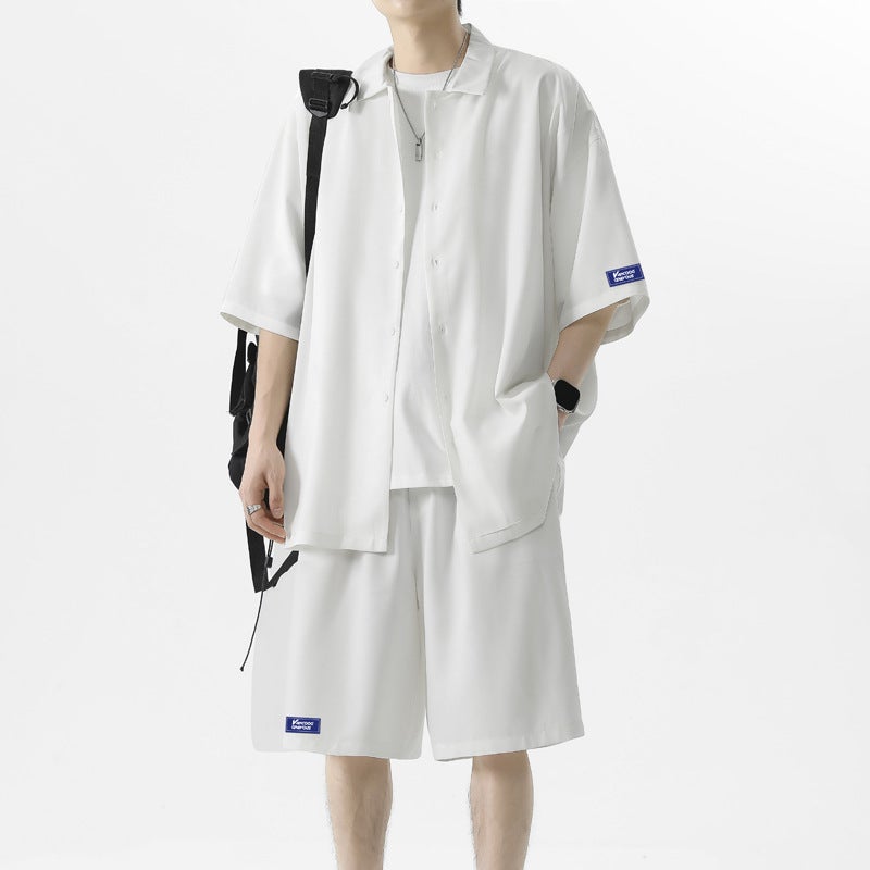 Ice Silk Short-sleeved Shirt suit Mens Summer British Yuppie Light Mature Style Shirt Shorts Handsome Casual Collocation Set White 