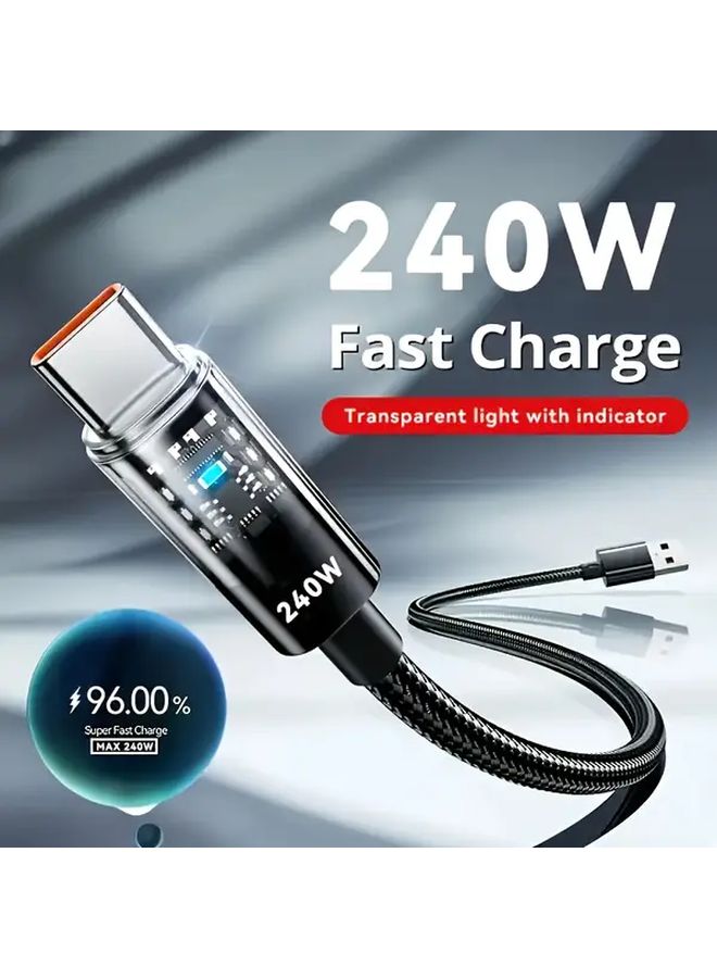 ٧٨.٧٤ بوصة، كابل شحن سريع جدًا بقدرة 240 واط من USB إلى Type C مضفر ومضيء - Image 1