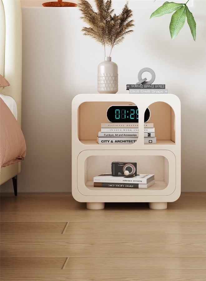 رافين متعددة الأغراض استخدام زاوية مستديرة منضدة طاولة السرير الإبداعية مقبض ناعم تصميم طاولة جانبية مع درج أمامي زجاجي شفاف ورف عرض لغرفة المعيشة غرفة نوم 50x35x55 سم (مجمعة بالكامل) - Image 1