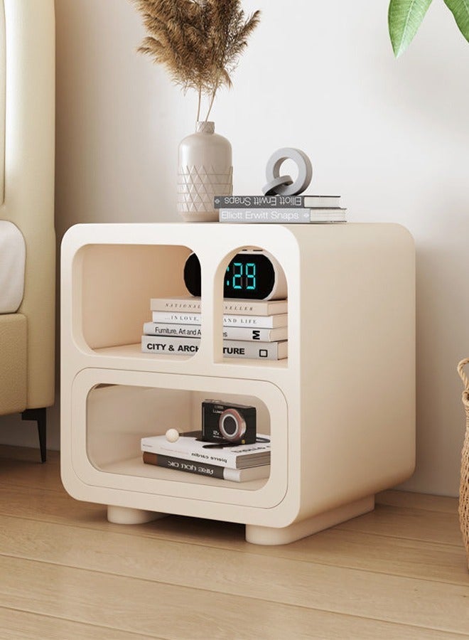 رافين متعددة الأغراض استخدام زاوية مستديرة منضدة طاولة السرير الإبداعية مقبض ناعم تصميم طاولة جانبية مع درج أمامي زجاجي شفاف ورف عرض لغرفة المعيشة غرفة نوم 50x35x55 سم (مجمعة بالكامل) - Image 2