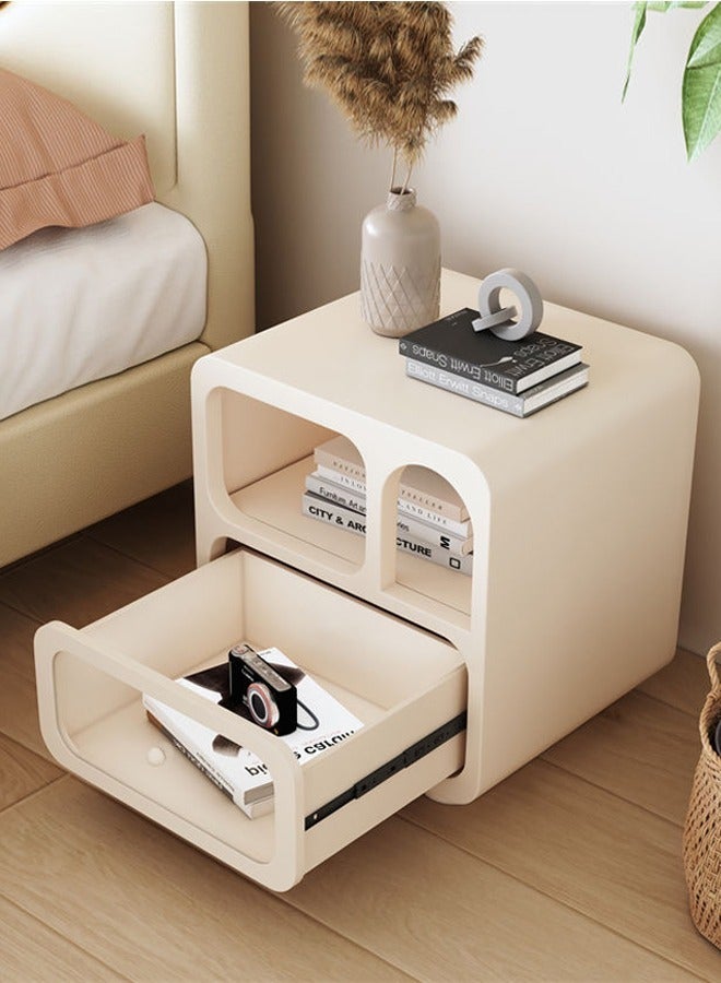 رافين متعددة الأغراض استخدام زاوية مستديرة منضدة طاولة السرير الإبداعية مقبض ناعم تصميم طاولة جانبية مع درج أمامي زجاجي شفاف ورف عرض لغرفة المعيشة غرفة نوم 50x35x55 سم (مجمعة بالكامل) - Image 3