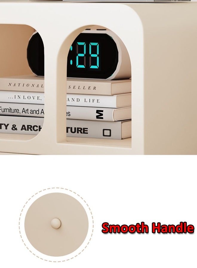 رافين متعددة الأغراض استخدام زاوية مستديرة منضدة طاولة السرير الإبداعية مقبض ناعم تصميم طاولة جانبية مع درج أمامي زجاجي شفاف ورف عرض لغرفة المعيشة غرفة نوم 50x35x55 سم (مجمعة بالكامل) - Image 4