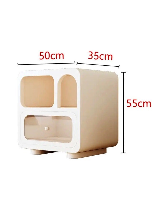 رافين متعددة الأغراض استخدام زاوية مستديرة منضدة طاولة السرير الإبداعية مقبض ناعم تصميم طاولة جانبية مع درج أمامي زجاجي شفاف ورف عرض لغرفة المعيشة غرفة نوم 50x35x55 سم (مجمعة بالكامل) - Image 5