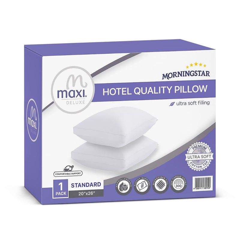 Maxi Deluxe Standard Size Pillow  Fluffy Hotel Style Single Pack  Ultra Soft  Supportive  300 Thread Count Stress Relieving Comfort  Versatile Sleeping Positions 20 x 26