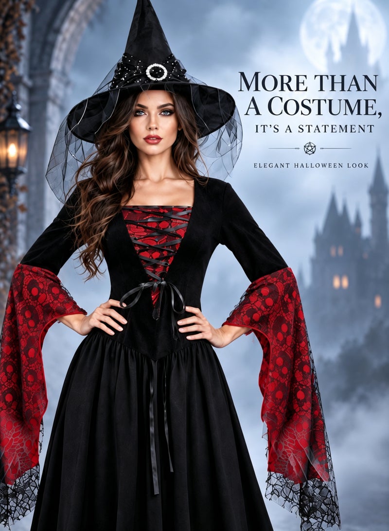 يواوليتي زي هالوين للنساء، زي ملكة حفلات الهالوين مع قبعة ساحرة، زي هالوين للفتيات، زي تنكري للحفلات التنكرية （حجم L） - Image 5